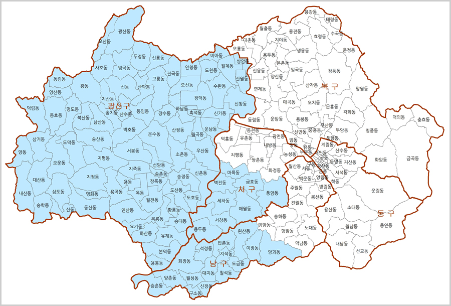 광산구 전체지역, 남구(승촌동,양촌동,구소동,신장동,월성동,대지동,칠석동,화장동,석정동,압촌동,지석동,도금동,원산동,이장동,양과동), 서구(마륵동,벽진동,금호동,풍암동,매월동,세하동,서창동,용두동)