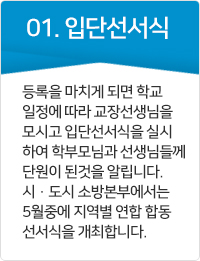 입단선서식 등록을 마치게 되면 학교 일정에 따라 교장선생님을 모시고 입단선서식을 실시하여 학부모님과 선생님들께 단원이 된것을 알립니다.시·도시 소방본부에서는 5월중에 지역별 연합 합동선서식을 개최합니다.