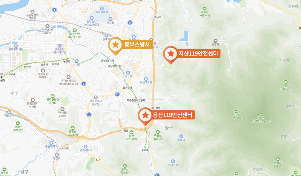 동부소방서의 관서인 동부소방서, 지산119안전센터, 학운119안전센터 위치를 지도에 표시해준 이미지입니다.