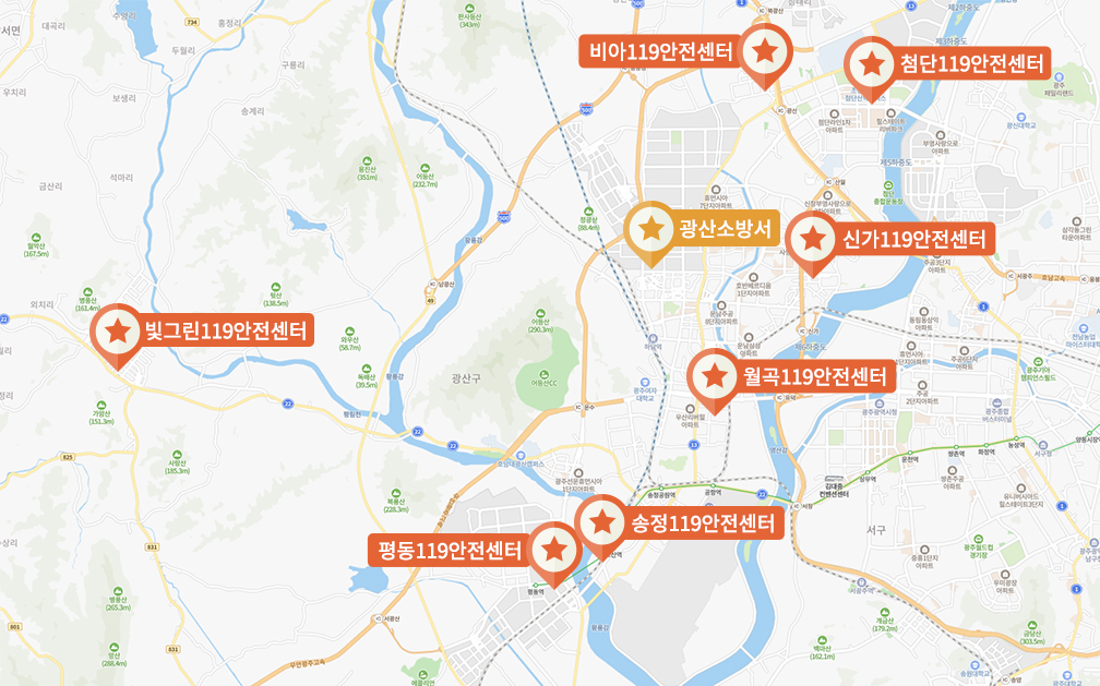 이 지도는 광산소방서의 관서인 비아119안전센터,첨단119안전센터,광산소방서,신가119안전센터,월곡119안전센터,평동119안전센터,송정119안전센터,빛그린119안전센터를 안내하는 지도입니다.
