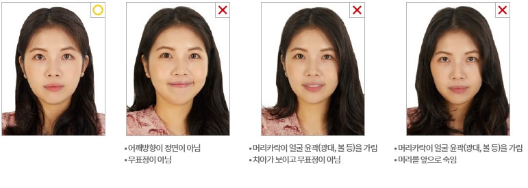 어깨방향이 정면이 아님• 무표정이 아님 • 머리카락이 얼굴 윤곽(광대, 볼 등)을 가림• 치아가 보이고 무표정이 아님 • 머리카락이 얼굴 윤곽(광대, 볼 등)을 가림• 머리를 앞으로 숙임